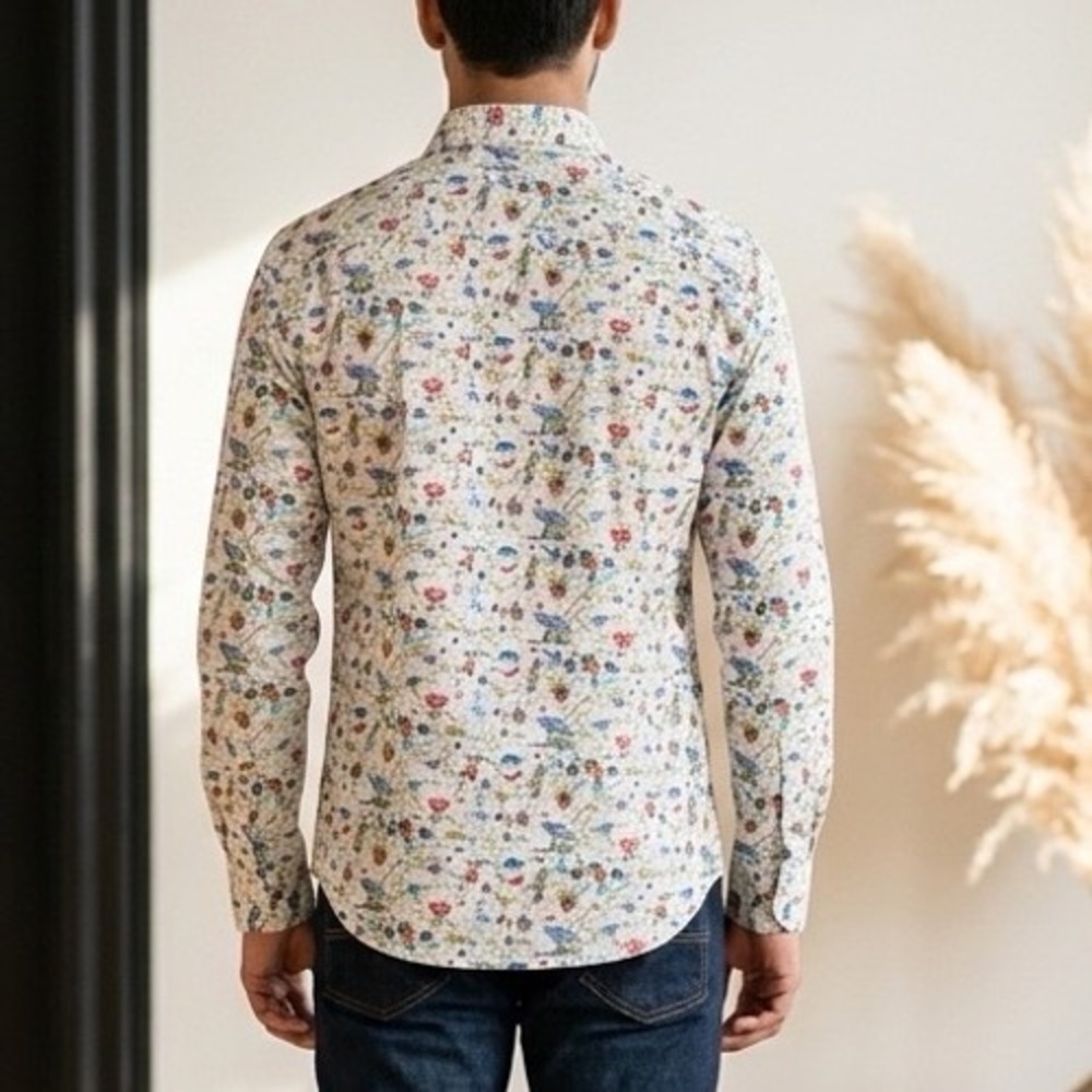 Bugatchi Shirt Mens XL White Bird Record Print Classic Fit Long Sleeve Button Up